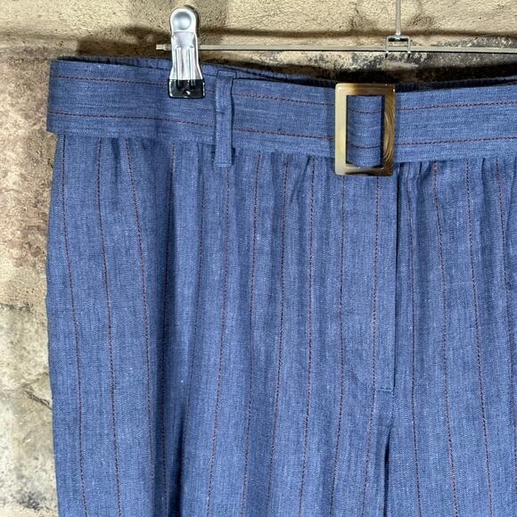 J. Jill Linen Stretch Pants Women Large Blue Brown Stripe Wide Leg Belted - Picture 4 of 14